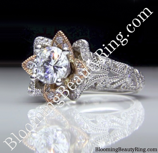 Two Toned Rose Gold and White Gold Art Carved Diamond Engagement Ring - Laying Down