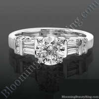Tiffany Style Engagement Ring with Tapered Baguette and Round Side Accent Diamonds