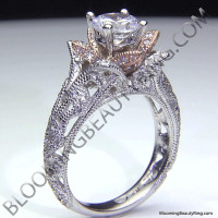 Art Carved Blooming Rose Flower Engagement Ring with Rose Gold Petals 3