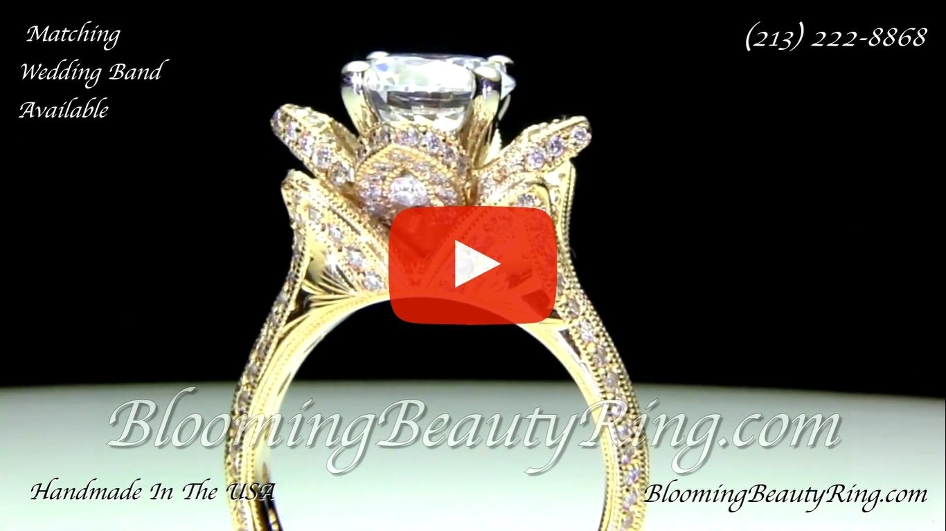1.78ctw Yellow Gold Large Hand Engraved Blooming Beauty Flower Diamond Engagement Ring – bbr434ygen standing up video