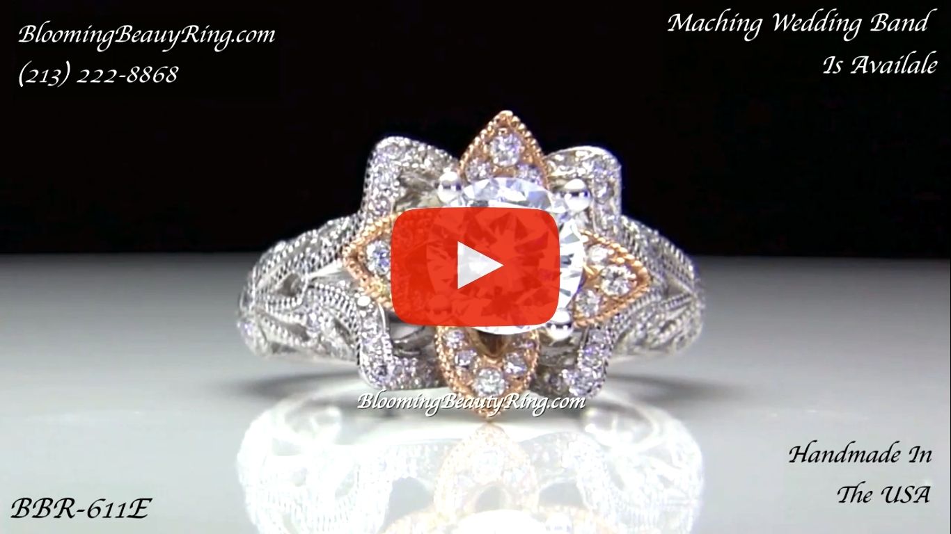 Art Carved Blooming Rose Flower Engagement Ring with Rose Gold Petals – bbr611 laying down