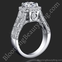 Baguette and Round Halo Style Diamond Engagement Ring with Large Peekaboo Side Diamonds