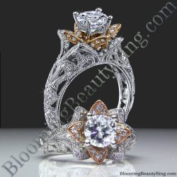 Art Carved Blooming Rose Flower Engagement Ring with Rose Gold Petals