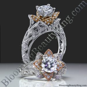 Art Carved Blooming Rose Flower Engagement Ring with Rose Gold Petals