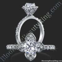 Petite Tulip Style Flower Ring Medium Thickness Band Encrusted Diamonds